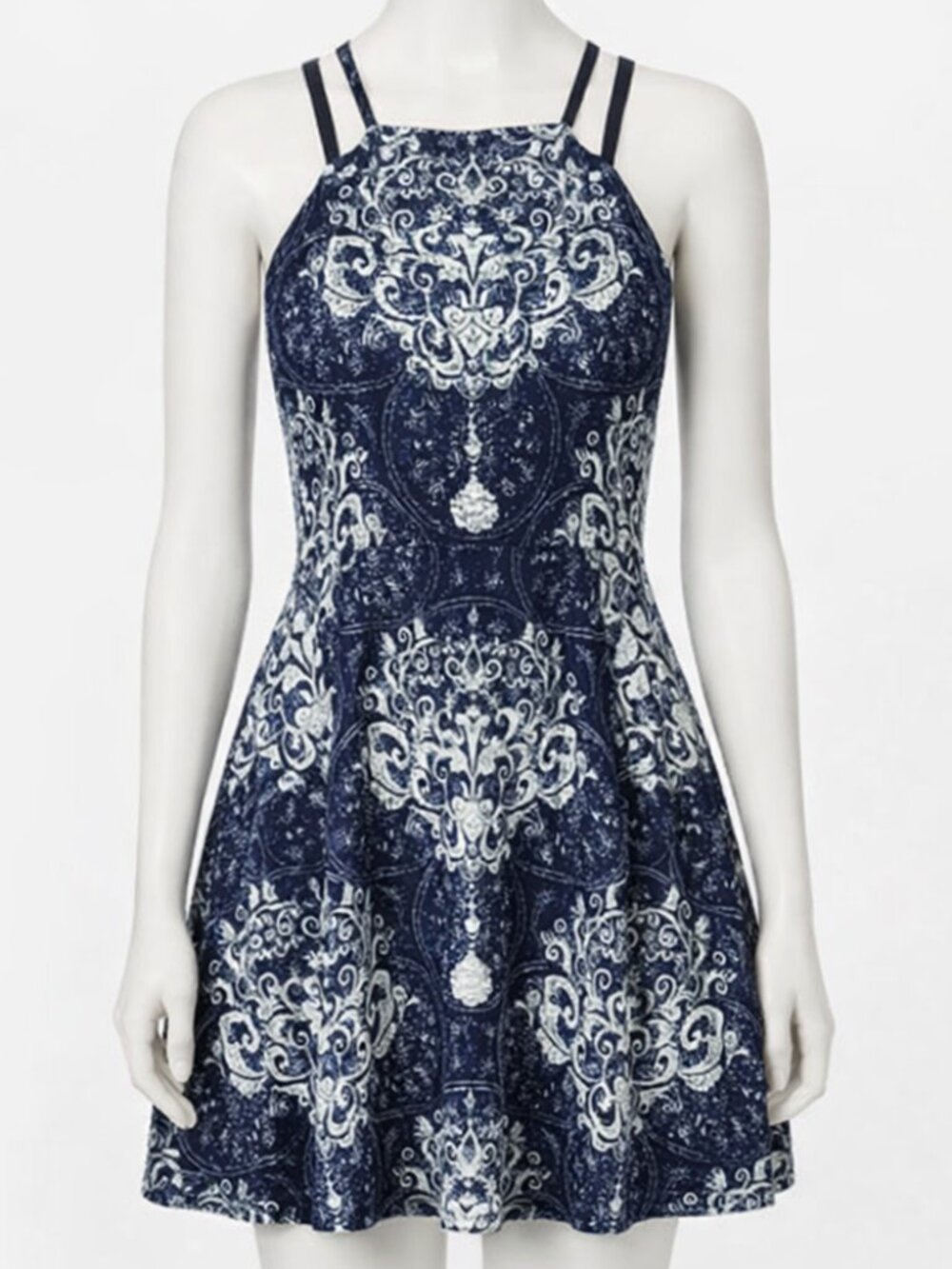 B Darlin Navy & White Print Fit & Flare Dress Juniors 3/4 Lined Bodice